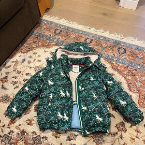 Boden Green Unicorn-Print Puffer Jacket for Kids